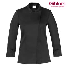 A black chef's jacket with a high collar, featuring a single breast button closure and long sleeves. It has a logo.