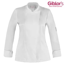 A white chef jacket featuring a modern design and a branding logo on the sleeve.