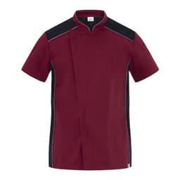 A burgundy chef jacket with black accents, featuring a fold-over collar and short sleeves. It has a branding logo.