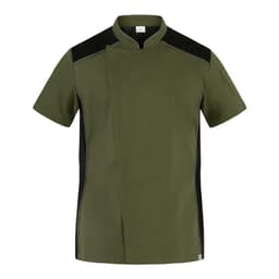 A short-sleeved chef jacket in olive green with black accents and a branding logo.