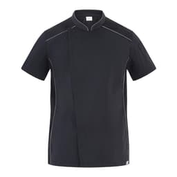 A black chef jacket with short sleeves and contrasting white piping, featuring a small logo on the chest.