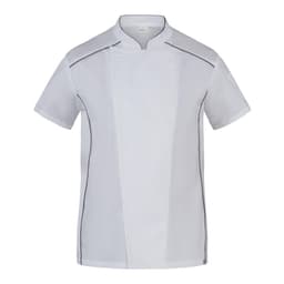 A short-sleeved chef jacket in white with contrasting black piping and a sleek design. It features a logo.
