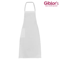 A white apron with a pocket, featuring a logo in the upper corner.