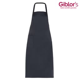 A black apron featuring a pocket and adjustable neck strap, with a logo in the corner.