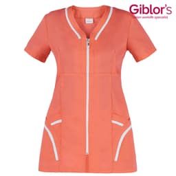 A short-sleeved coral tunic with a zip front and white trim, featuring two front pockets. It has a branding logo.