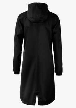A black women's rain jacket featuring a hood and a long design, with a visible logo.