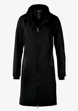 A women's rain jacket in black with a zip closure and a hood, featuring side pockets and a logo.