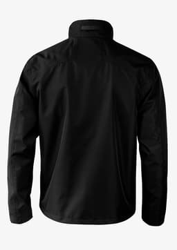 A black jacket with a high collar and long sleeves, featuring a logo on the back.