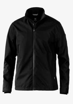A men's jacket in black, featuring a zip front and a high collar, with a logo on the sleeve.