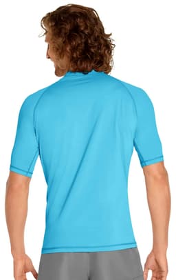 A blue adult short sleeve rashie with UPF 50+, featuring a fitted design and a logo on the back.
