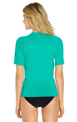 A turquoise adult short sleeve rashie with a UPF 50+ rating, featuring a logo on the back.