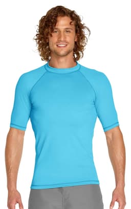 A light blue short sleeve rashie with a snug fit and raglan sleeves, featuring a logo.