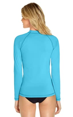 A long sleeve rashie in bright blue, featuring a fitted design and a logo on the back.