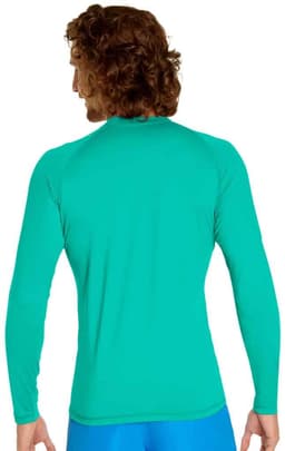 A turquoise long sleeve rashie featuring UPF 50+ protection and a logo on the back.
