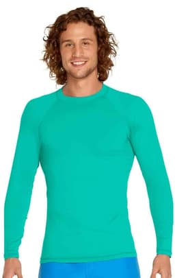 A turquoise long sleeve rashie with UPF 50+ protection, featuring a fitted design and a logo.