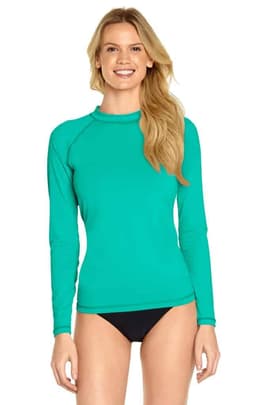 A long sleeve rashie in vibrant teal with a fitted design, featuring a logo on the chest area.