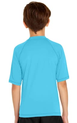 A youth short sleeve rashie in bright blue, featuring a simple design and a logo on the back.