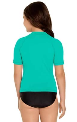 A youth short sleeve rashie in turquoise, featuring a fitted design and a black bottom. It has a logo on the back.
