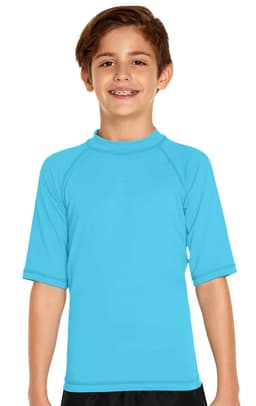 A boy smiles while wearing a bright blue short sleeve rashie with a high collar and raglan sleeves.