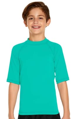 A youth short sleeve rashie in bright teal, featuring a round neckline and raglan sleeves. It has a logo on it.