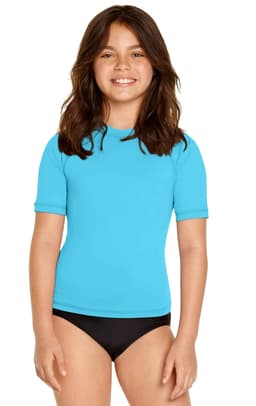 A youth short sleeve rashie in bright blue, featuring a logo, paired with black swim bottoms.