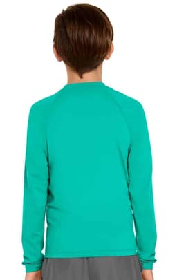 A youth long sleeve rashie in vibrant turquoise with a simple design and a branding logo.