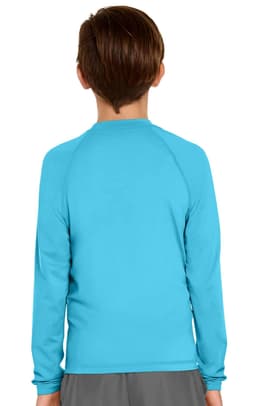 A long sleeve rashie in bright blue, featuring a logo, designed for youth and offering UPF 50+ protection.