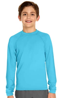A long sleeve rashie in bright blue, featuring a logo, designed for youth sun protection with UPF 50+.
