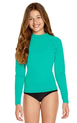A long sleeve rashie in vibrant turquoise, featuring a fitted design and a high neckline.