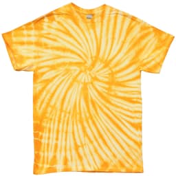 A tie-dye T-shirt featuring a swirl pattern in vibrant yellow and orange colours. It has a plain design without text.