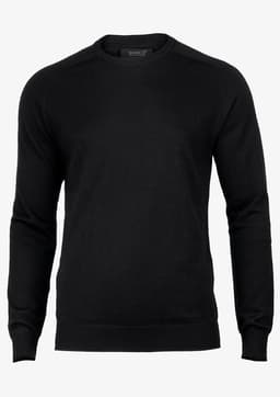 A black knitted jumper with a round neckline and long sleeves. It features a brand logo on the label.