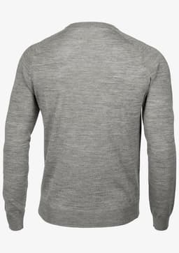 A grey knitted jumper featuring long sleeves and a round neckline, with a plain back view.