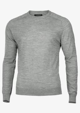 A grey knitted jumper with long sleeves and a round neckline, featuring a branded label.