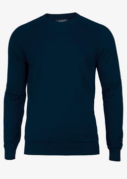 A dark navy blue knitted jumper with long sleeves and a round neck. The product features a logo.