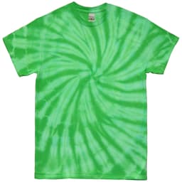A bright green tie-dye t-shirt featuring a swirling pattern, with a logo on the label.