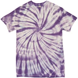 A purple tie dye t-shirt featuring a swirling pattern. The shirt has a label and a relaxed fit design.