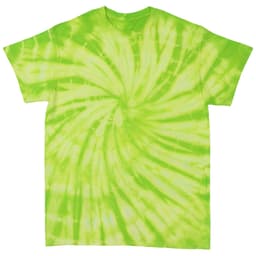 A bright green tie-dye T-shirt with a swirling pattern and short sleeves. It features a branding logo.