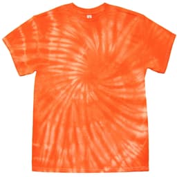 An orange tie-dye t-shirt featuring a spiral pattern, with a plain neckline and short sleeves.