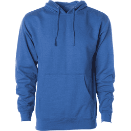 A midweight pullover hood in a vibrant blue colour with a front pocket and a hood. It features a logo.