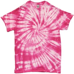 A pink tie-dye T-shirt featuring a spiral pattern and a logo on the label.