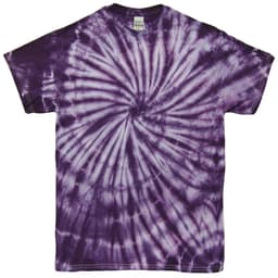 A purple tie-dye t-shirt featuring a spiral design, with a tag visible in the neckline.