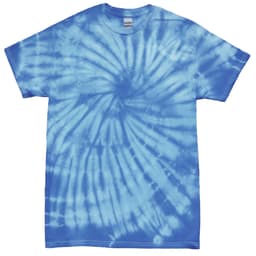 A blue tie-dye T-shirt featuring a spiral design and a standard crew neck. It has a logo on the label.