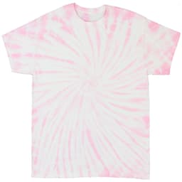 A pink and white tie dye t-shirt featuring a swirl pattern and a plain design. It has a brand logo.