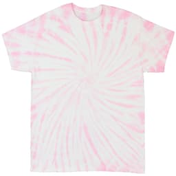 A pink and white spiral tie dye T-shirt displayed flat. The shirt features a loose, comfortable fit and has a branding logo.