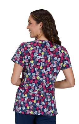 A floral-patterned top in navy, featuring colourful daisies. The garment has a round neckline and short sleeves.