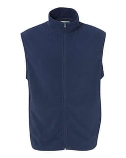A navy Full Zip Micro Fleece Vest featuring a high collar and a front zipper, with a brand logo.
