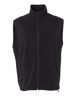 A black full zip micro fleece vest with a high collar and zippered pockets on either side.