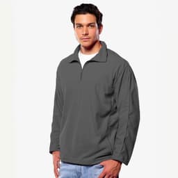 A grey 1/4 zip micro fleece pullover jacket is worn by a model standing against a plain background.