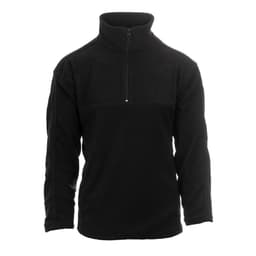 A black 1/4 zip micro fleece pullover with a stand-up collar and a logo on the front.
