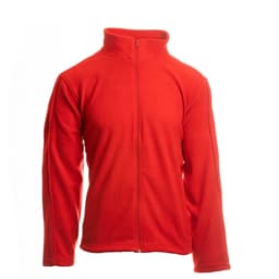 A red full zip microfleece jacket with a high collar and long sleeves, featuring a logo on the chest.